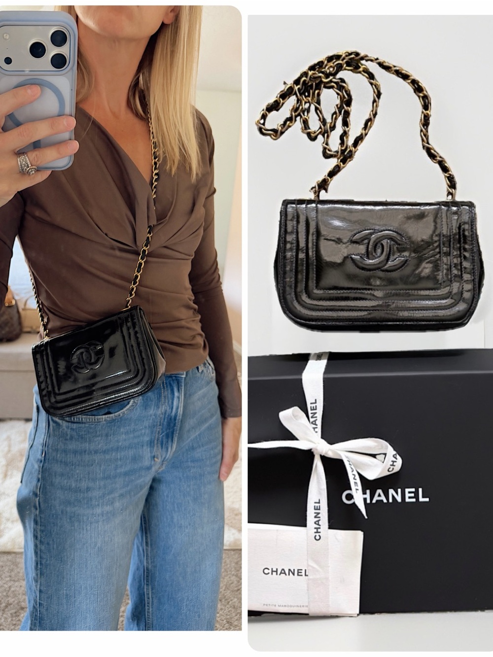 Vintage CHANEL CC Black Patent Leather Mini Crossbody Shoulder Bag + Box